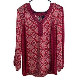 New Directions Printed Boho‎ Blouse Top V-Neck Pullover 3/4 Sleeve Red Medium